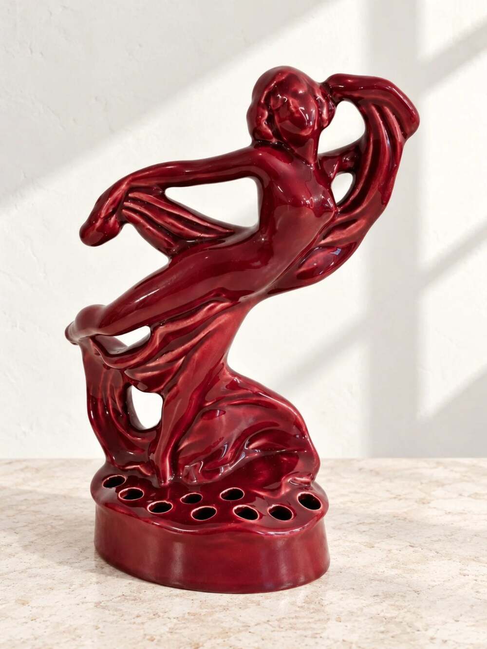 Camark Nude Lady Scarf Dancer Flower Frog Burgundy Art Deco Pottery 236 1930s